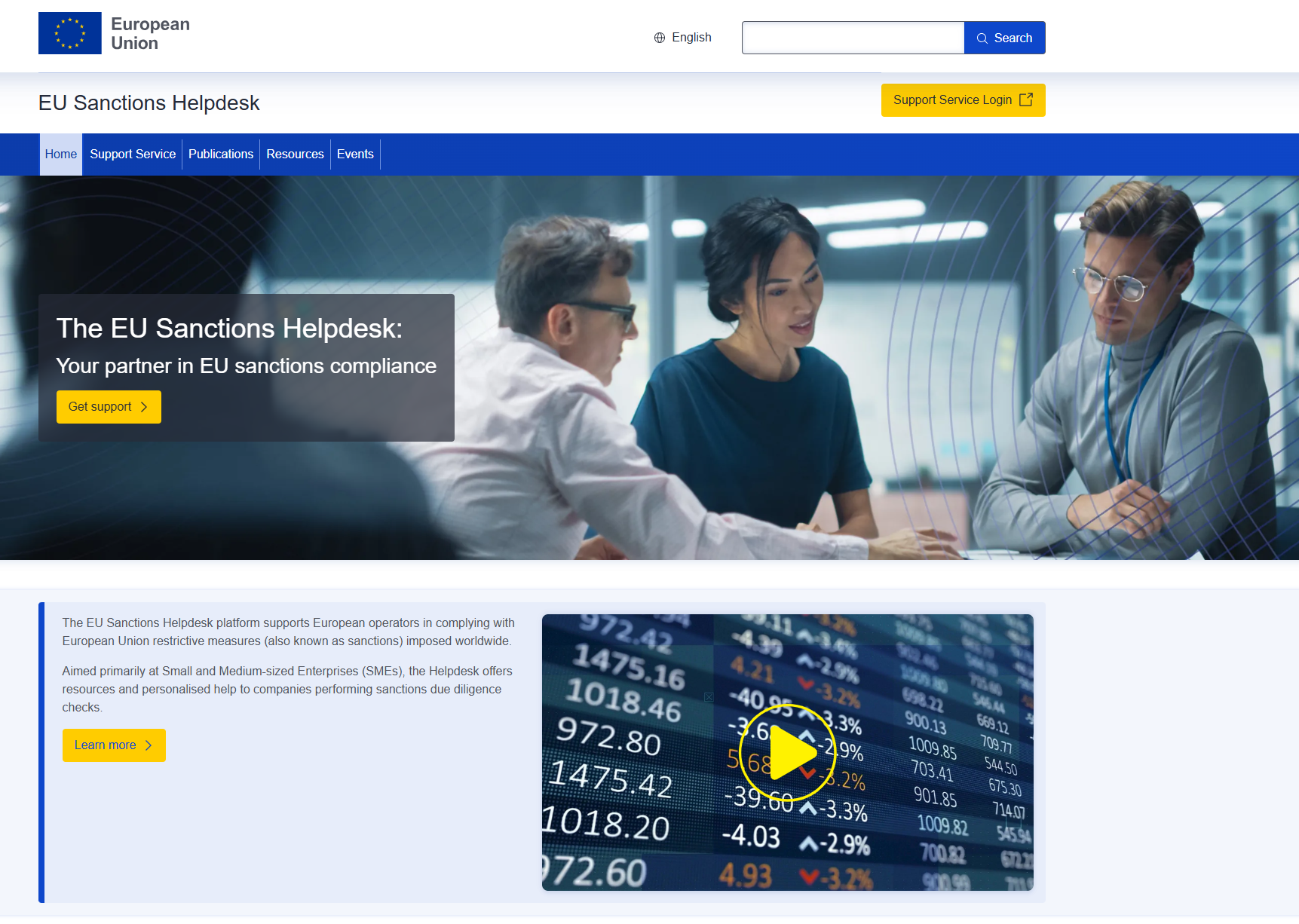 Screenshot of the EU Sanctions Helpdesk website, launched by the European Commission to support sanctions compliance for EU SMEs and companies.