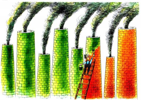 Cartoon showing greenwashing — polluting factory chimneys being painted green to appear sustainable.